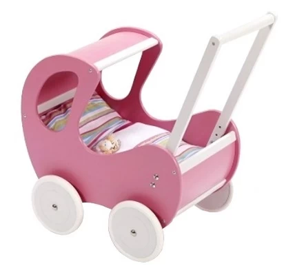 Houten Poppenwagen De Luxe Pink Incl. Dekbed / Slaapzak